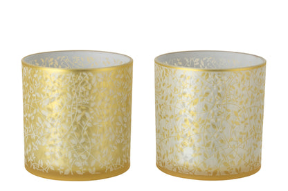 Windlicht Bladeren Glas Goudkleurig/Wit Large Assortiment Van 2