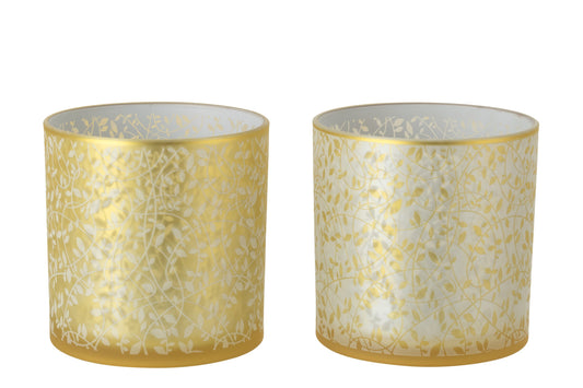 Windlicht Bladeren Glas Goudkleurig/Wit Large Assortiment Van 2