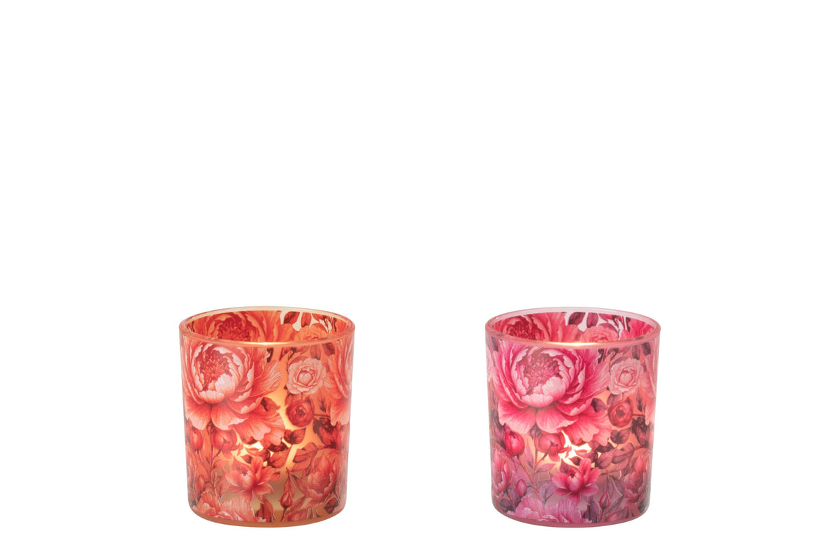 Theelichthouder Bloemen Glas Oranje/Roze Small Assortiment Van 2
