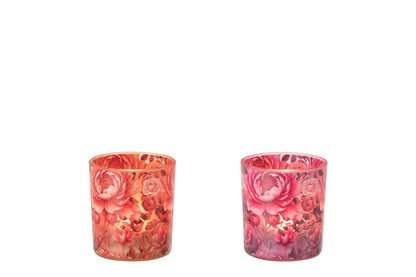Theelichthouder Bloemen Glas Oranje/Roze Small Assortiment Van 2