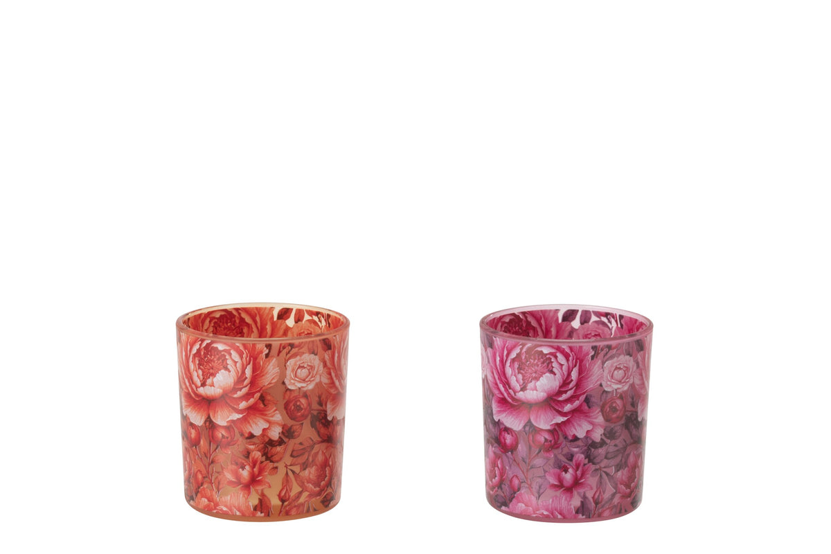 Theelichthouder Bloemen Glas Oranje/Roze Small Assortiment Van 2