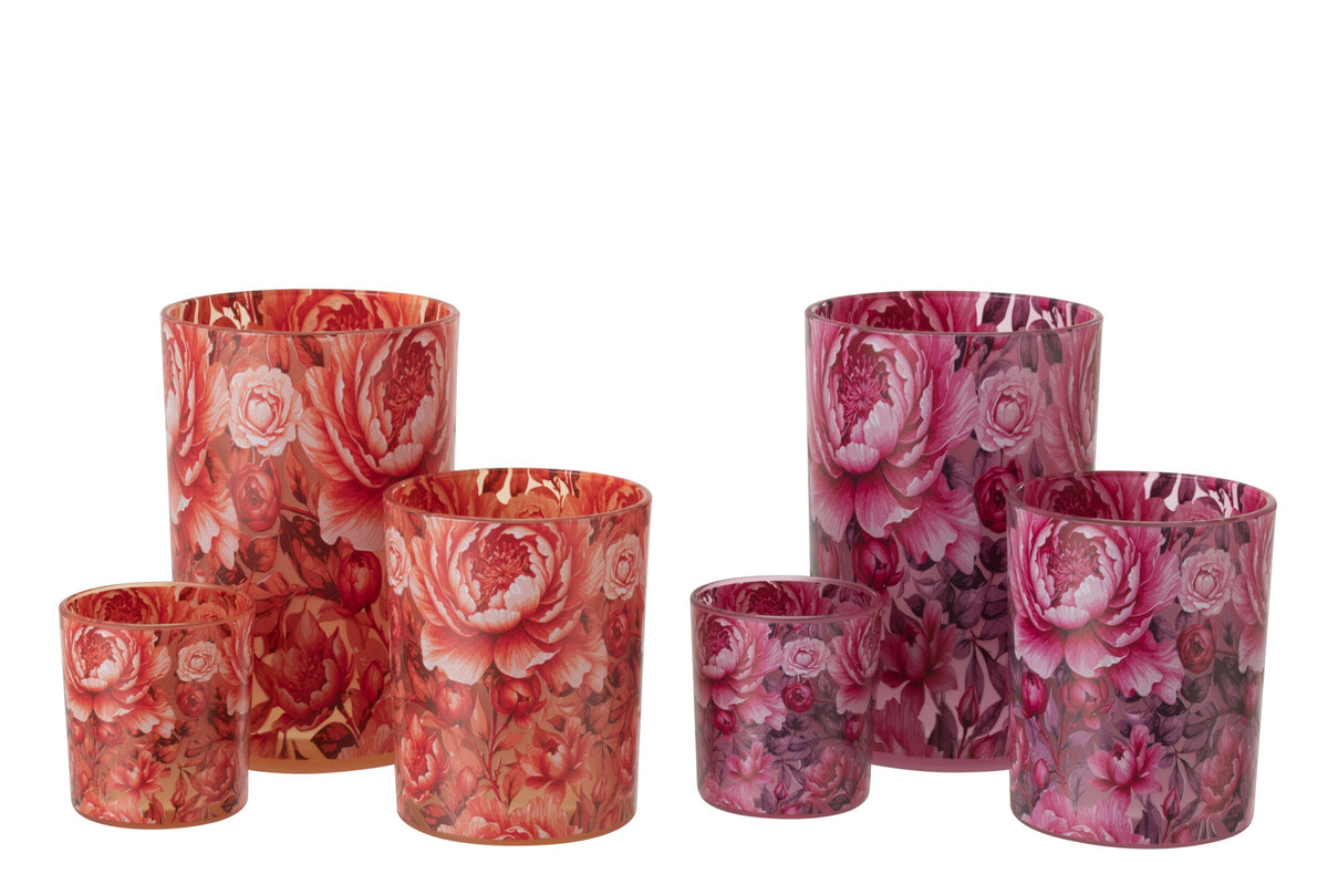 Windlicht Bloemen Glas Oranje/Roze Large Assortiment Van 2