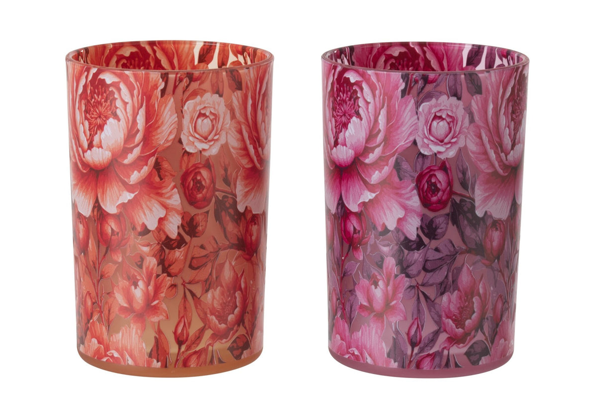 Windlicht Bloemen Glas Oranje/Roze Large Assortiment Van 2