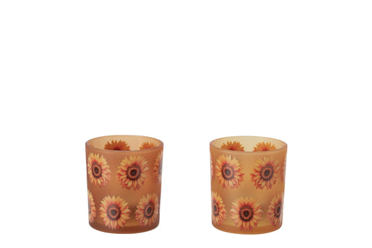 Theelichthouder Zonnebloem Glas Donkeroranje/Lichtoranje Small Assortiment Van 2