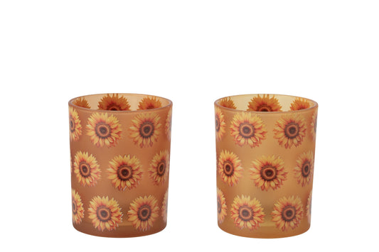 Theelichthouder Zonnebloem Glas Donkeroranje/Lichtoranje Medium Assortiment Van 2