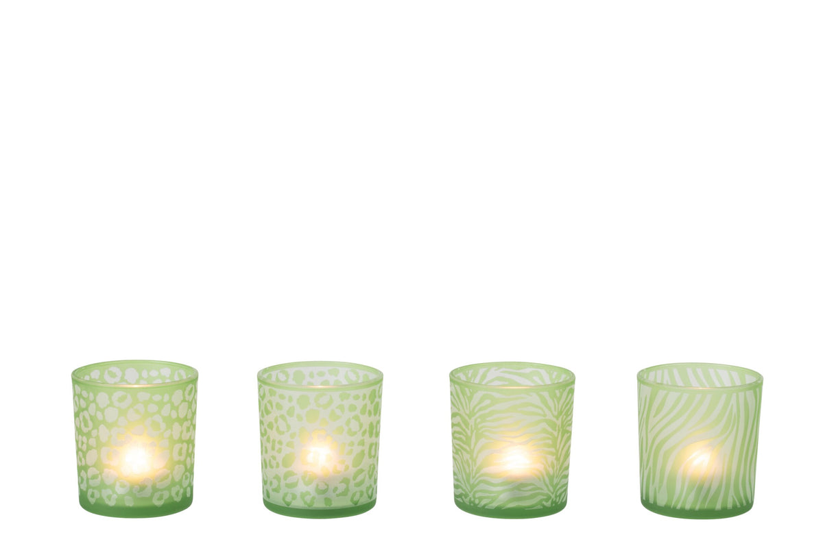 Theelichthouder Dierenprint Glas Groen Small Assortiment Van 4