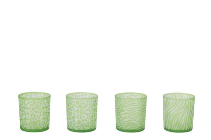 Theelichthouder Dierenprint Glas Groen Small Assortiment Van 4