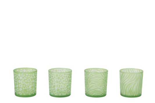Theelichthouder Dierenprint Glas Groen Small Assortiment Van 4