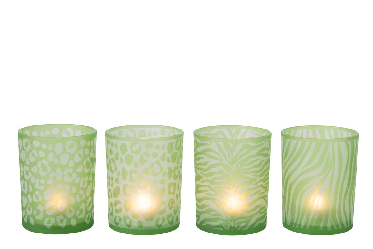 Theelichthouder Dierenprint Glas Groen Large Assortiment Van 4