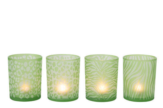 Theelichthouder Dierenprint Glas Groen Large Assortiment Van 4