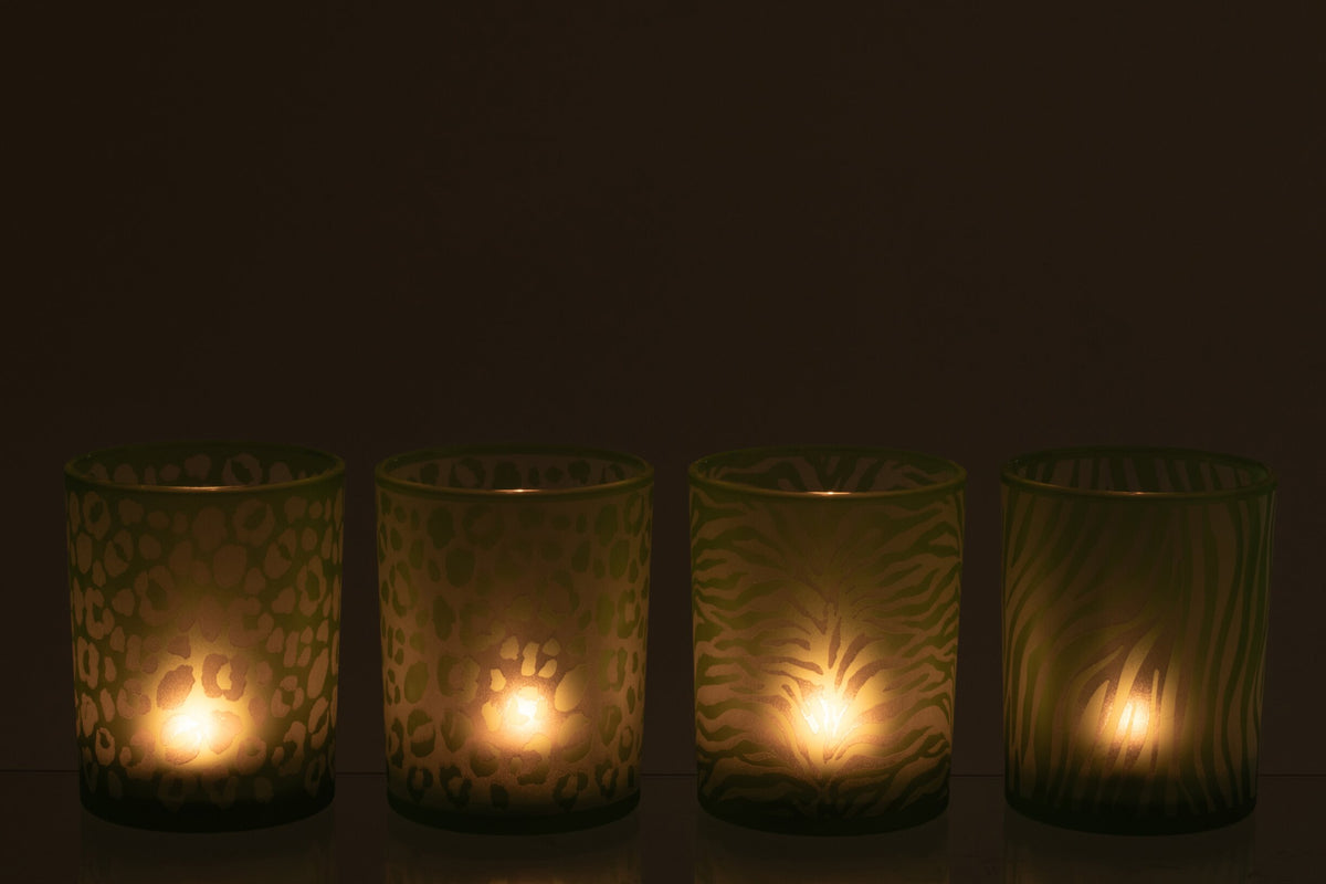 Theelichthouder Dierenprint Glas Groen Large Assortiment Van 4