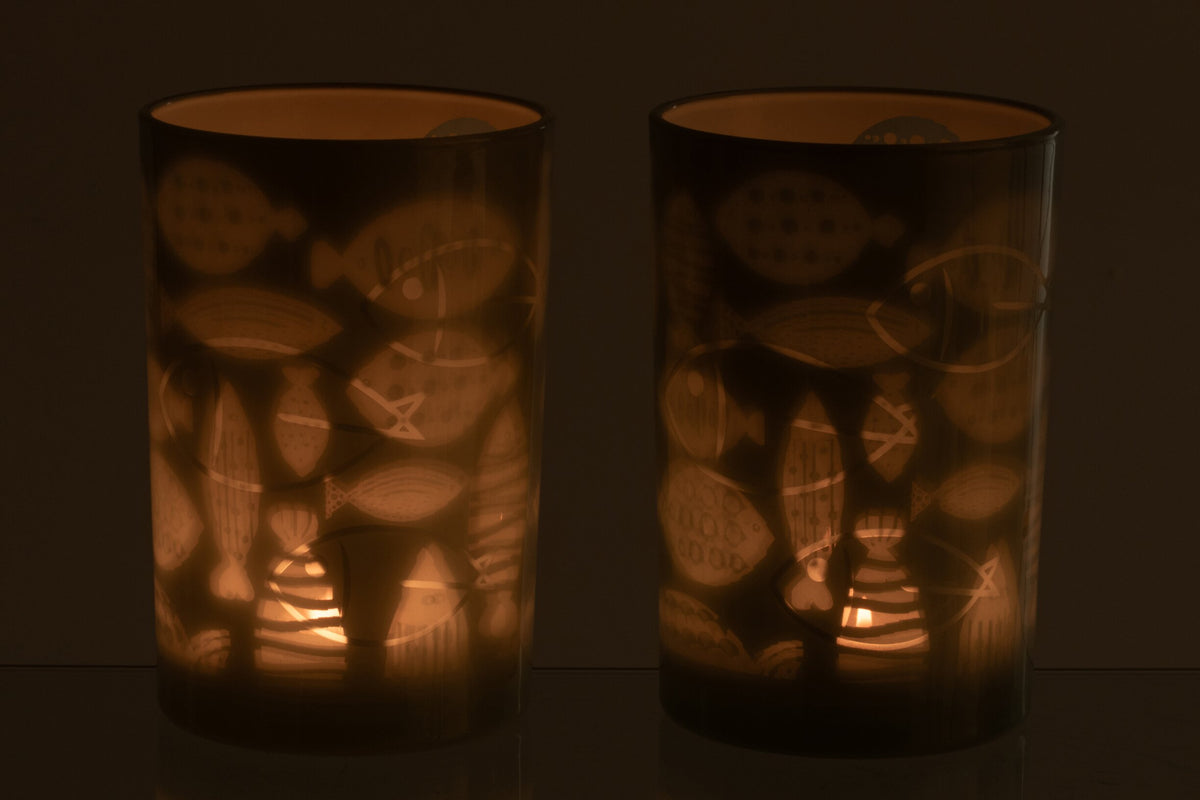 Windlicht Vis Glas Grijs Large Assortiment Van 2