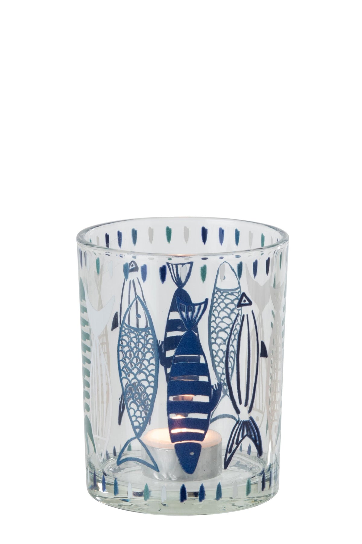 Theelichthouder Vis Glas Wit/Blauw Medium