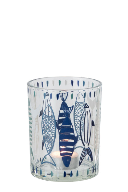 Theelichthouder Vis Glas Wit/Blauw Medium