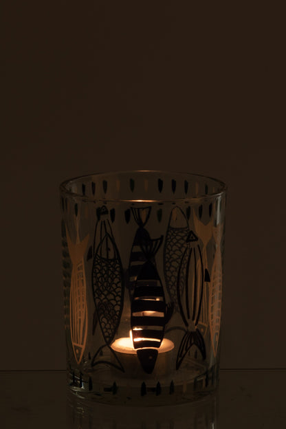 Theelichthouder Vis Glas Wit/Blauw Medium