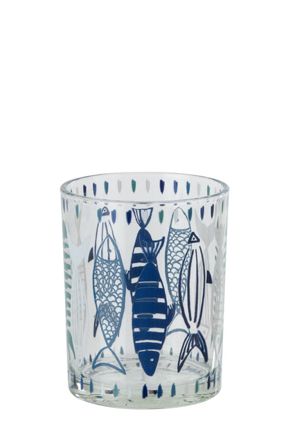 Theelichthouder Vis Glas Wit/Blauw Medium