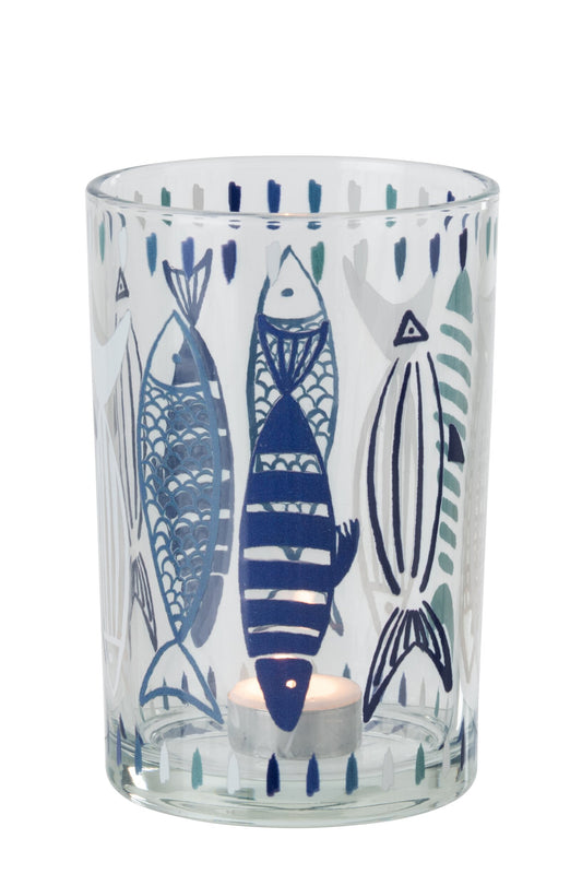 Windlicht Vis Glas Wit/Blauw Large