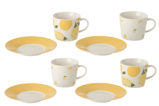 Set van 4 koffiekop + schotel citroen keramiek wit/geel groot