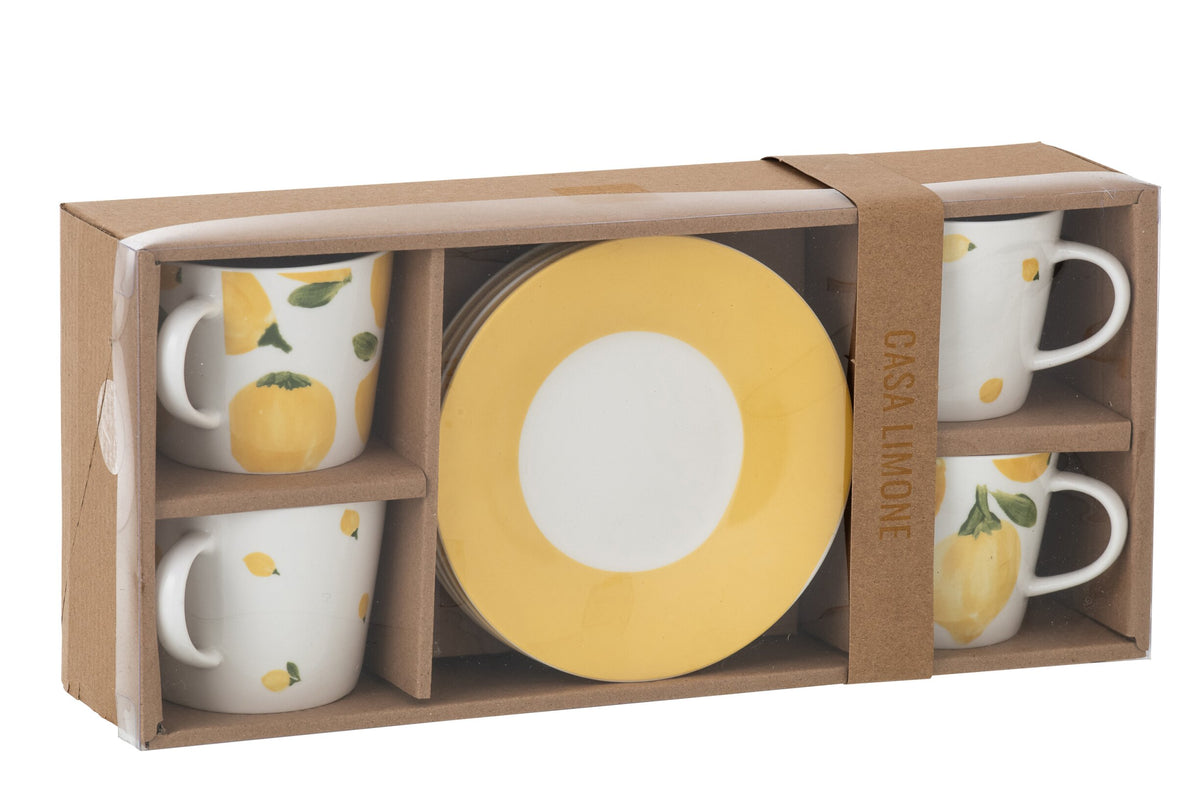 Set of 4 coffee cups + saucers lemon ceramic white/yellow large
