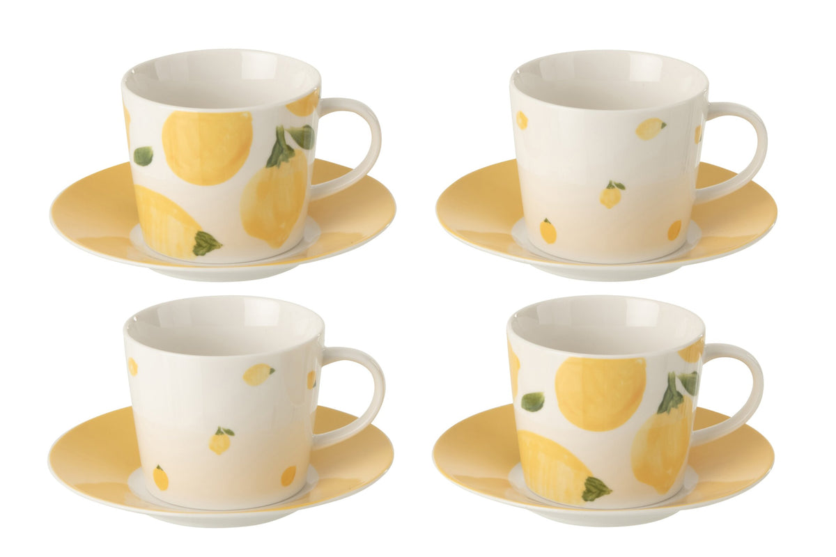 Set of 4 coffee cups + saucers lemon ceramic white/yellow large