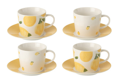 Set of 4 coffee cups + saucers lemon ceramic white/yellow large