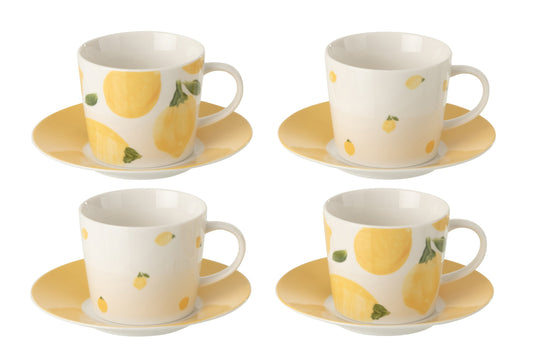 Set van 4 koffiekop + schotel citroen keramiek wit/geel groot
