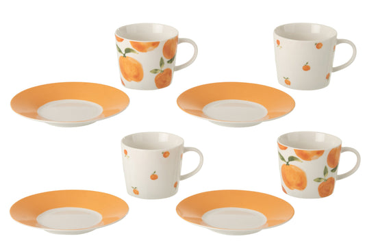 Set van 4 koffiekop + schotel oranje keramiek wit/oranje groot