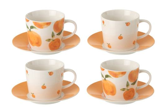 Set van 4 koffiekop + schotel oranje keramiek wit/oranje groot