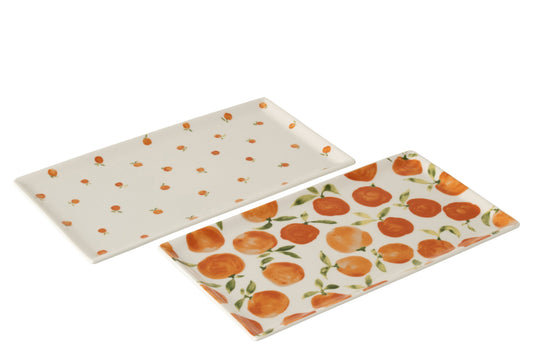 Dienblad oranje rechthoekig keramiek wit/oranje assortiment van 2
