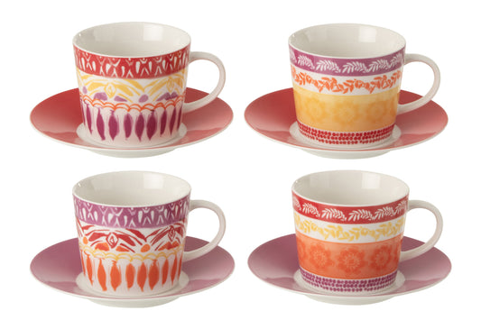 Set van 4 koffiekop + schotel keramiek paars/rood groot