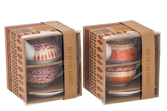 Theekop + schotel keramiek paars/rood assortiment van 2