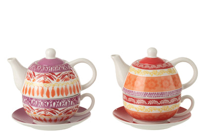 Theekop + schotel keramiek paars/rood assortiment van 2