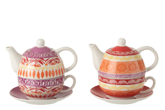 Theekop + schotel keramiek paars/rood assortiment van 2