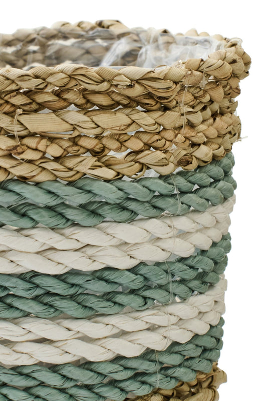 Set Of 3 Flowerpot Striped Seagrass Natural/Turquoise