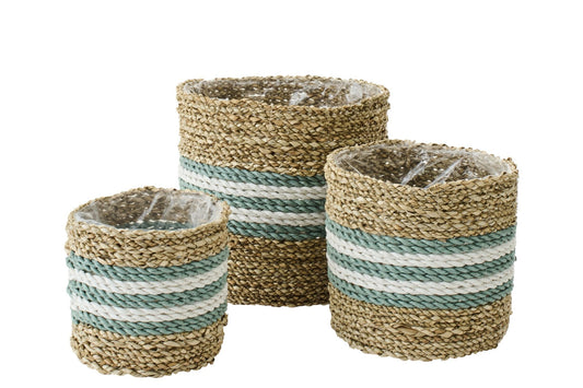 Set Of 3 Flowerpot Striped Seagrass Natural/Turquoise