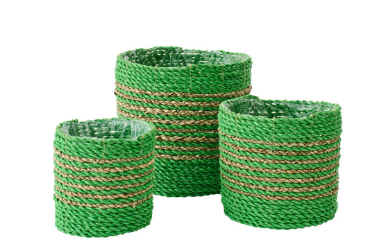 Set Of 3 Flowerpot Striped Raffia Green/Natural