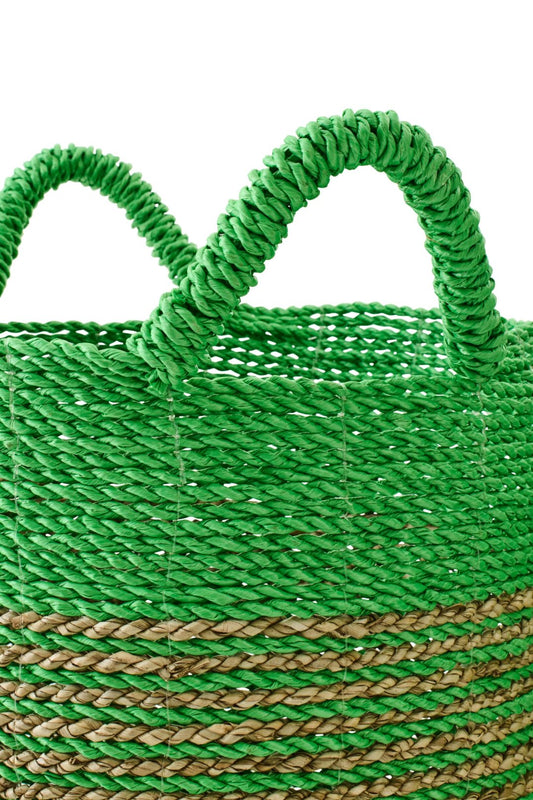 Lot de 3 paniers en raphia rayé vert/naturel