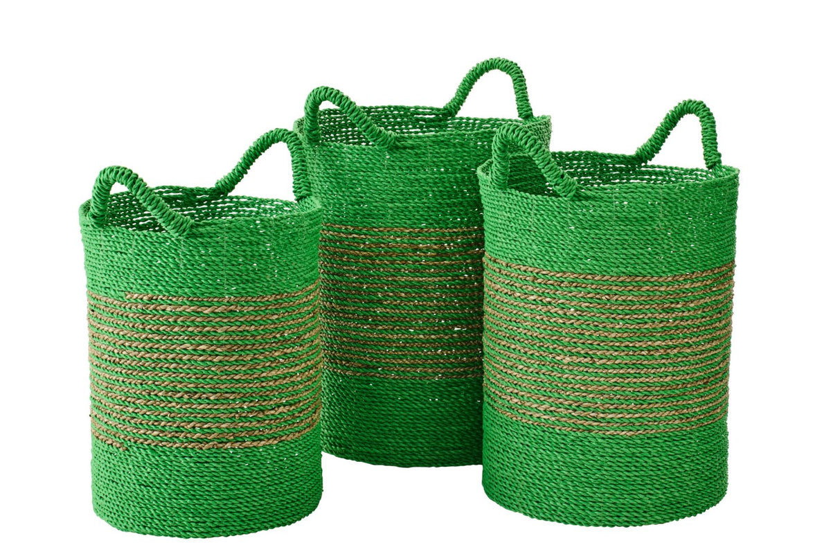 Set of 3 striped raffia baskets green/natural