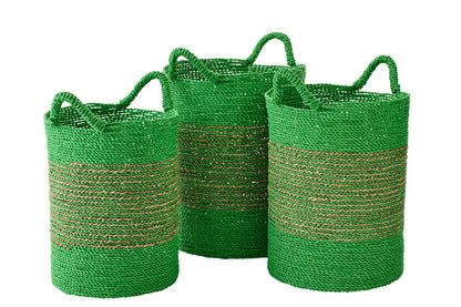 Set of 3 striped raffia baskets green/natural