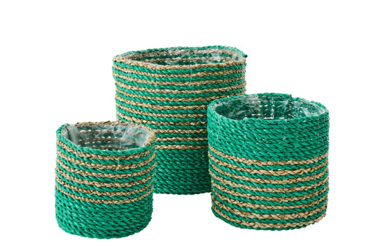 Set Of 3 Flowerpot Striped Raffia Dark Green/Natural