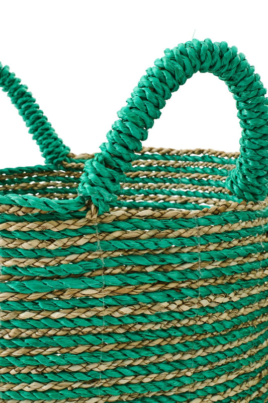 Lot de 3 paniers en raphia rayé vert foncé/naturel