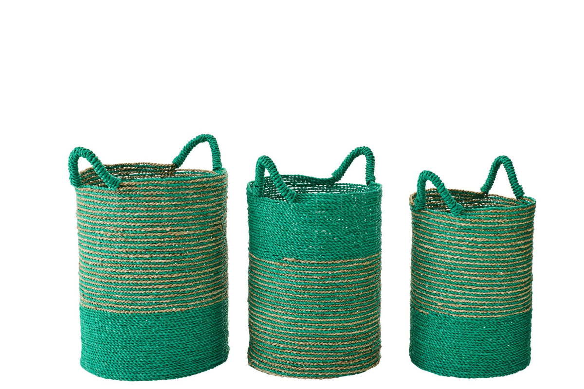 Set of 3 striped raffia baskets dark green/natural