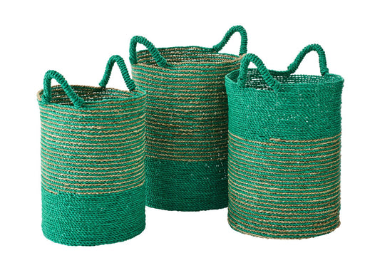 Lot de 3 paniers en raphia rayé vert foncé/naturel