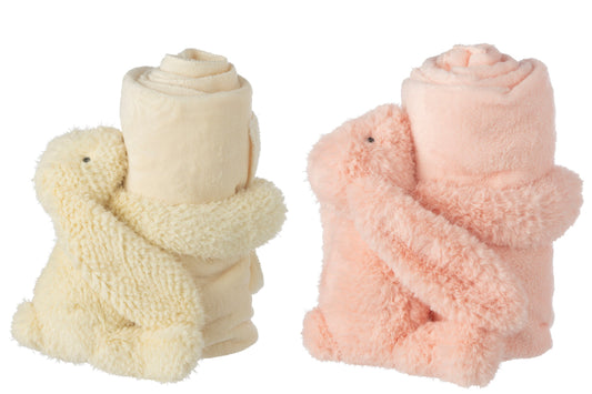 Konijn met dekentje polyester roze/geel assortiment van 2