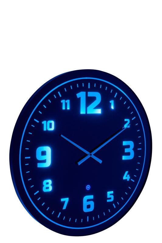 Wall Clock LED Blue Light Glass Black