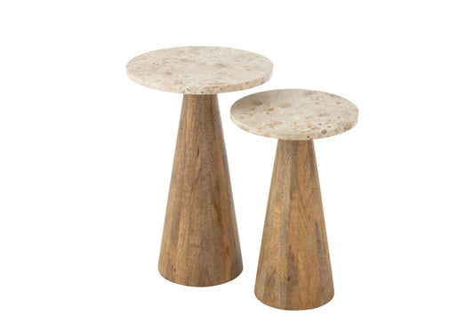 Set Of 2 Side Table Round Marble Beige/Brown