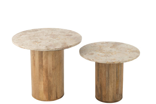 Set Of 2 Side Table Round Marble Beige/Brown