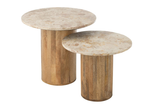 Set Of 2 Side Table Round Marble Beige/Brown
