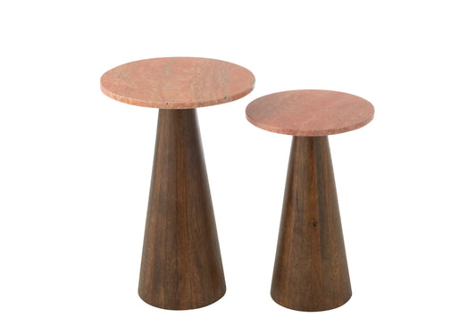Set Of 2 Side Table Round Marble Terracotta/Dark Brown