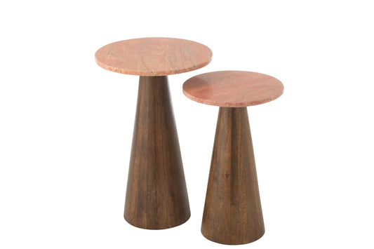 Set Of 2 Side Table Round Marble Terracotta/Dark Brown